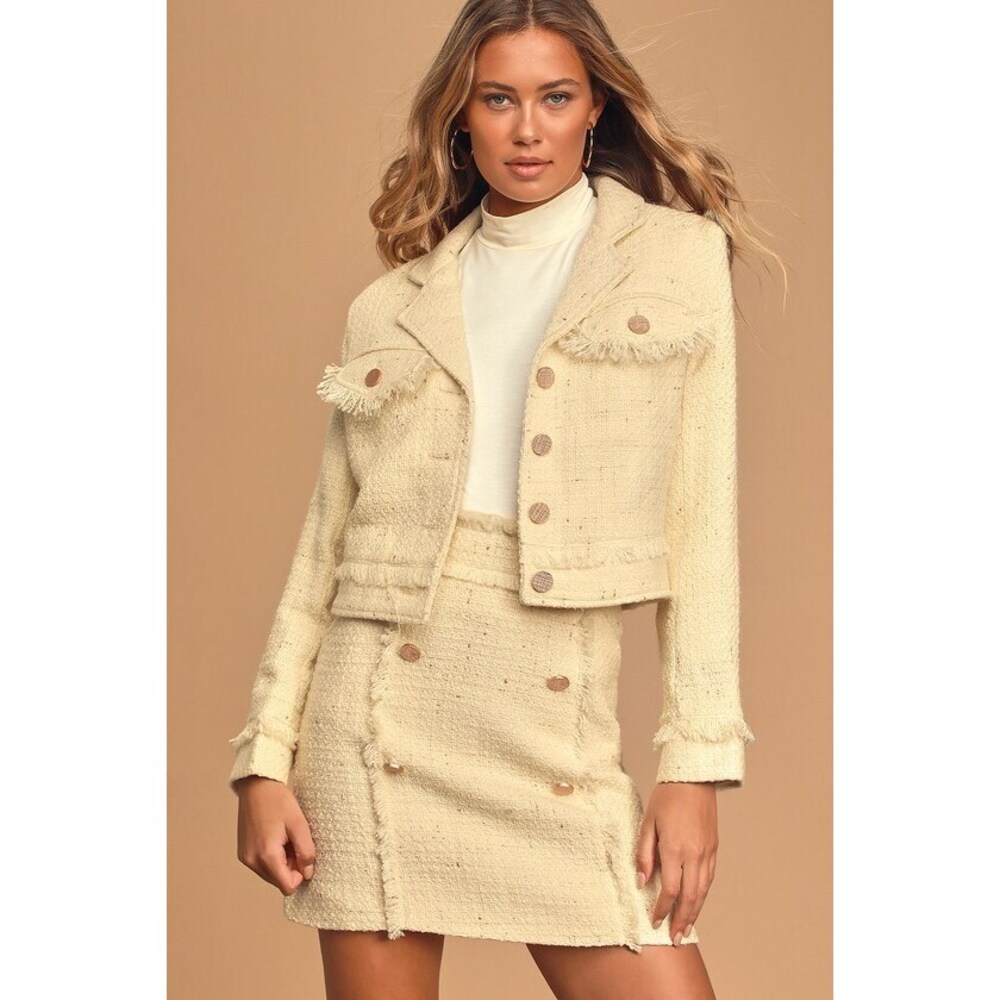 NWT Lulus Prim And Proper Cream Tweed Jacket Beige - Size S Office Casual